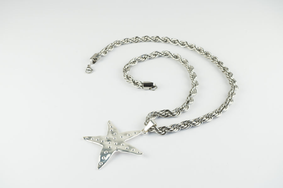 Silver starfish long necklace