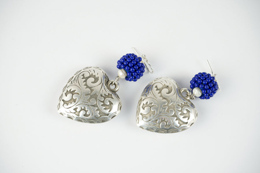 Carved silver heart earrings