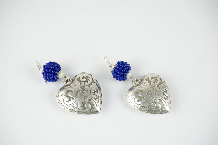 Carved silver heart earrings
