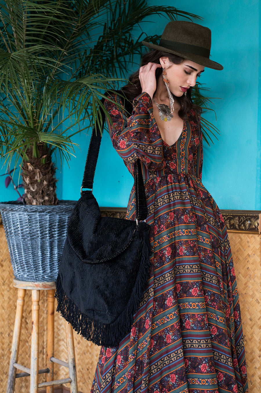 Corduroy black velvet cross bag