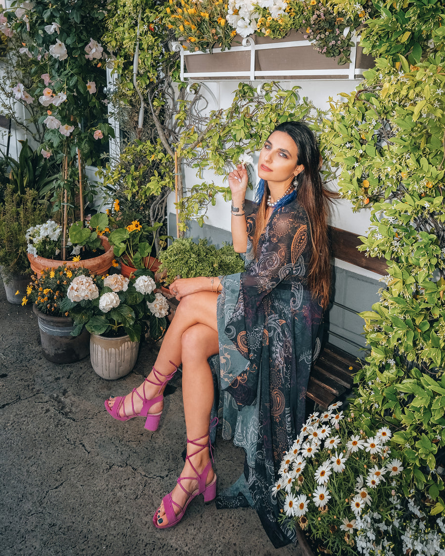 Valia Tie Leg Block Heel Sandals in fuchsia