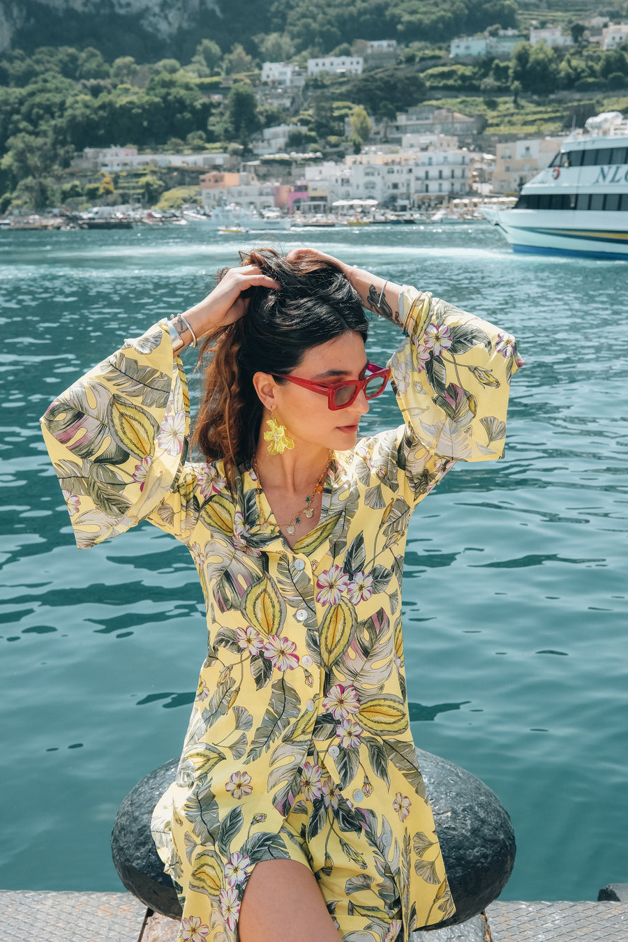 Papillon exotic shirt dress (yellow exotic pattern)