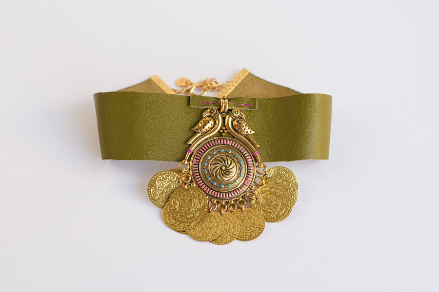 Olive leather choker necklace