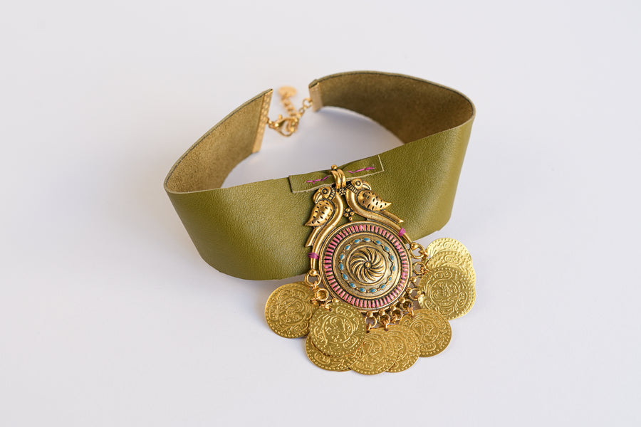 Olive leather choker necklace