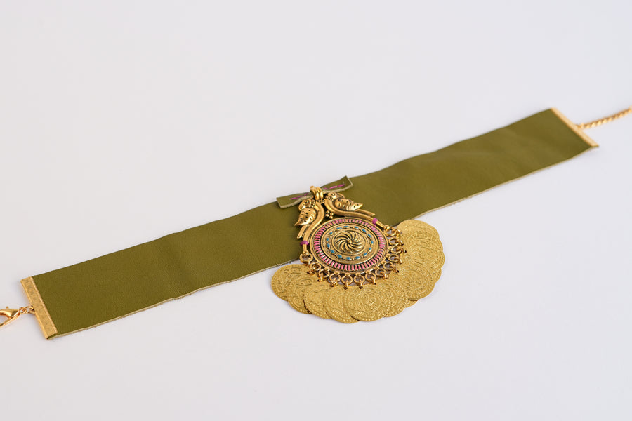 Olive leather choker necklace