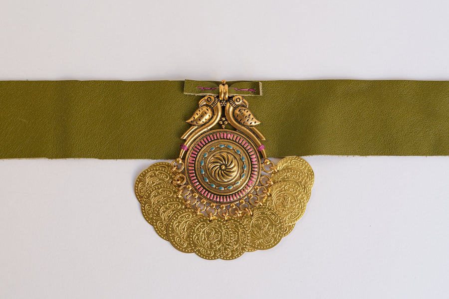 Olive leather choker necklace